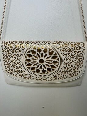 Melie Bianco White and Gold Laser-Cut Crossbody Clutch